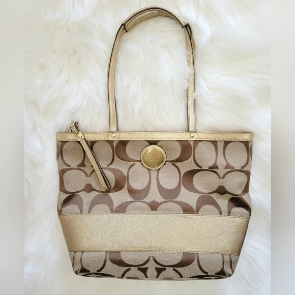 Coach Purse / Handbag Gold & Canvas - Picture 2 of 7